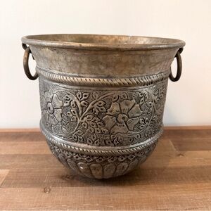 Vintage Indian Brass Vessel Pot floral leaf, ring handles Large Plant Pot patina